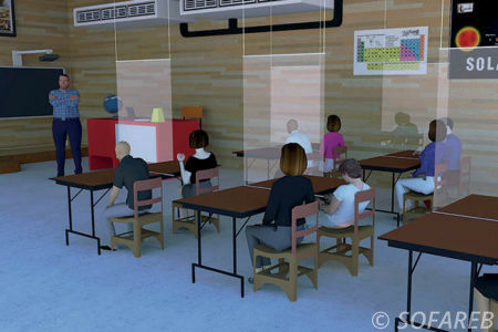 Bâche de protection transparente entre les élèves d'une classe